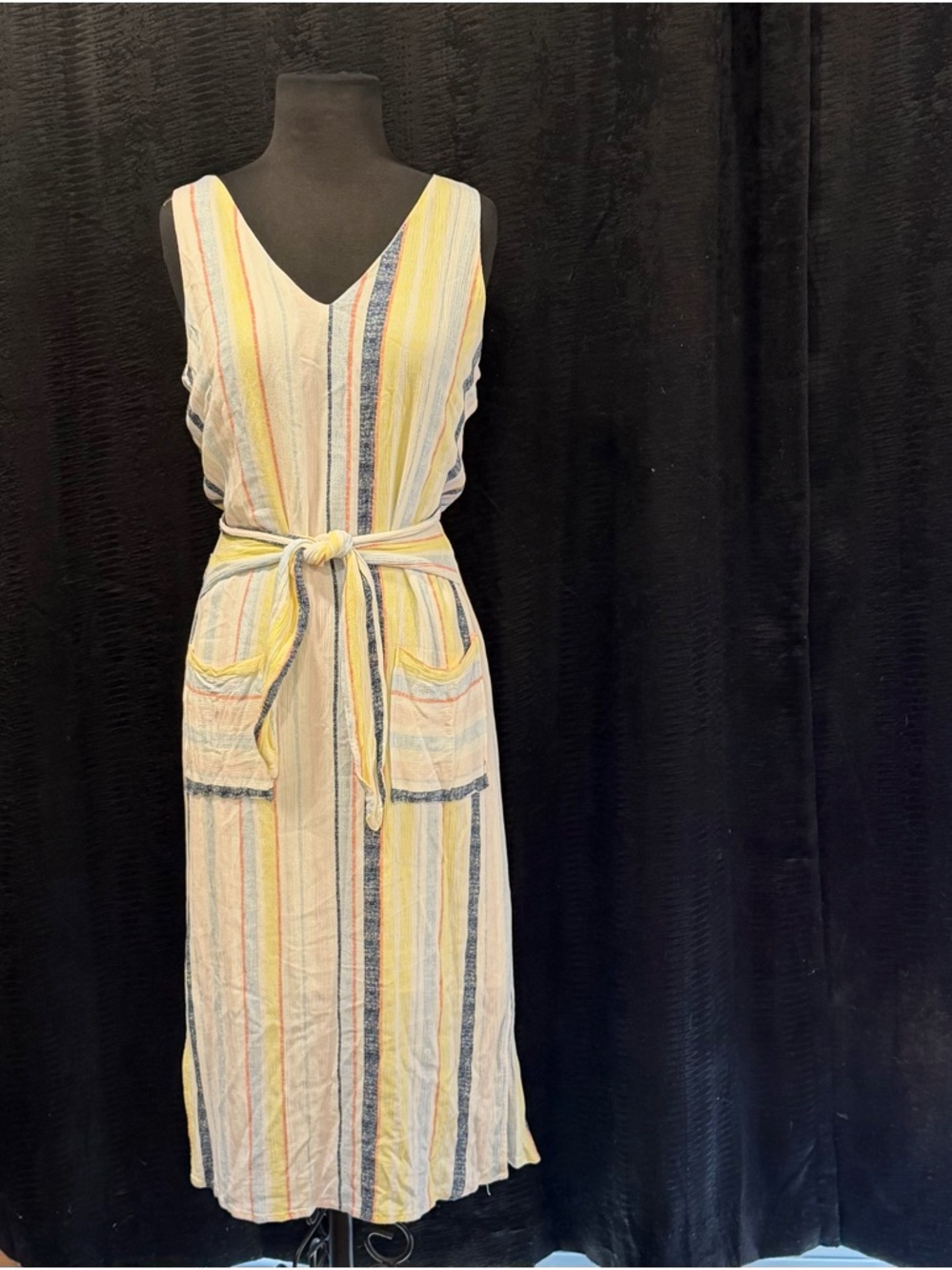Tribal Jeans Sleeveless V-Neck Midi Vertical Striped Dress with Tie Waist